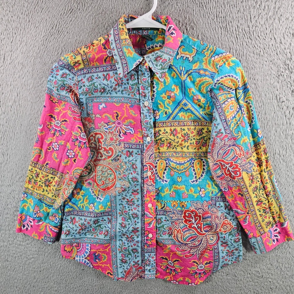 Lauren Ralph Lauren Petite Cotton Patchwork Paisley Button Down Shirt P/S Multi